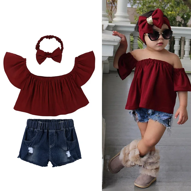 Wine red Комплекты одежды для девочек летний топ с открытыми плечами+ рваные джинсы комплект детской одежды, спортивный костюм для детей Одежда для девочек спортивные костюмы - Цвет: Wine red