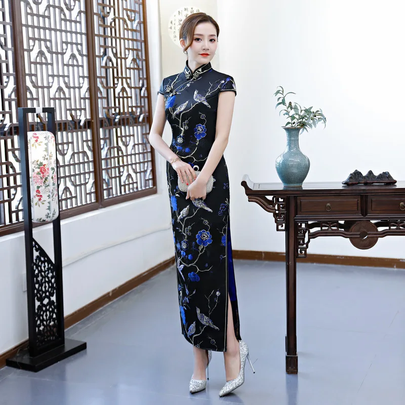 Восточный стиль ретро длинный Cheongsam черный Chinoise тонкий Qi Pao для женщин Китайская традиционная одежда платье Ципао Женская Роба в восточном стиле - Цвет: Black and blue