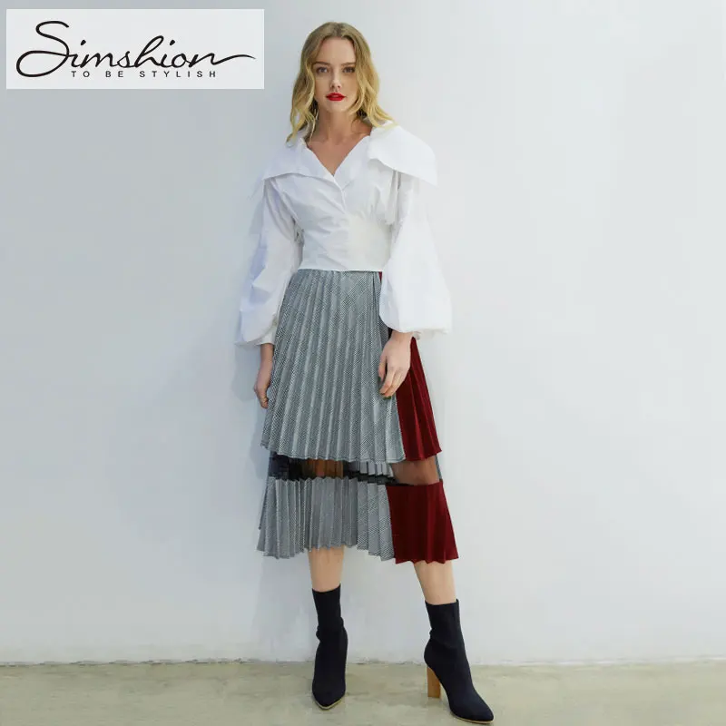 Simshion плиссированные юбки плед сращивания муслин для женщин демисезонный мода