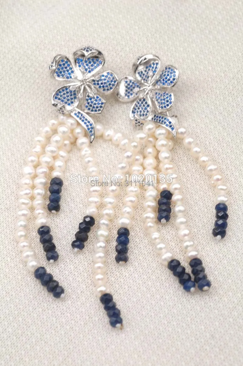 Серьги с пресноводной жемчужиной круглые и синие нефритовые цветы 6 рядов 3-5 мм