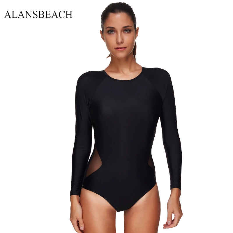 ALANSBEACH с длинным рукавом пикантные черные сапоги сетки боди Купальники Для женщин