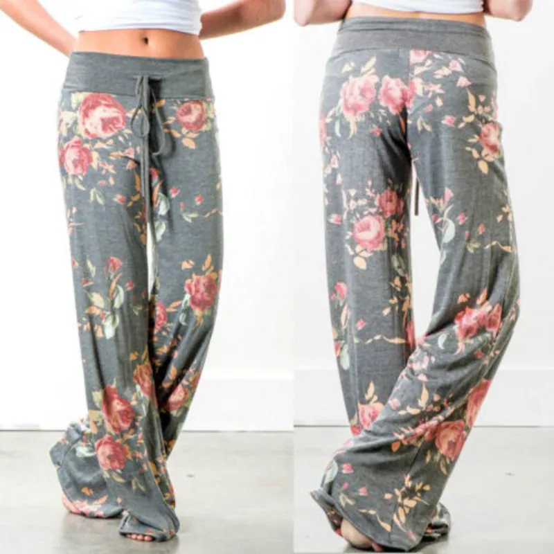 

Women Floral Print Pants Summer Beach Wide Leg Loose Drawstring Full Length Trousers Plus Size