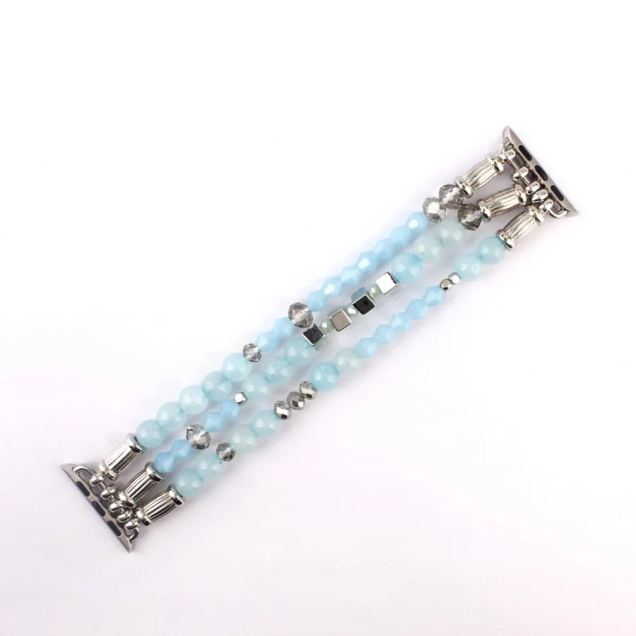 38 мм 42 мм Apple Watch 4 полосы полудрагоценные камни натуральный камень бусины стеклянные бусины жемчуг эластичные браслеты для Apple Watch Band - Окраска металла: Silver Blue