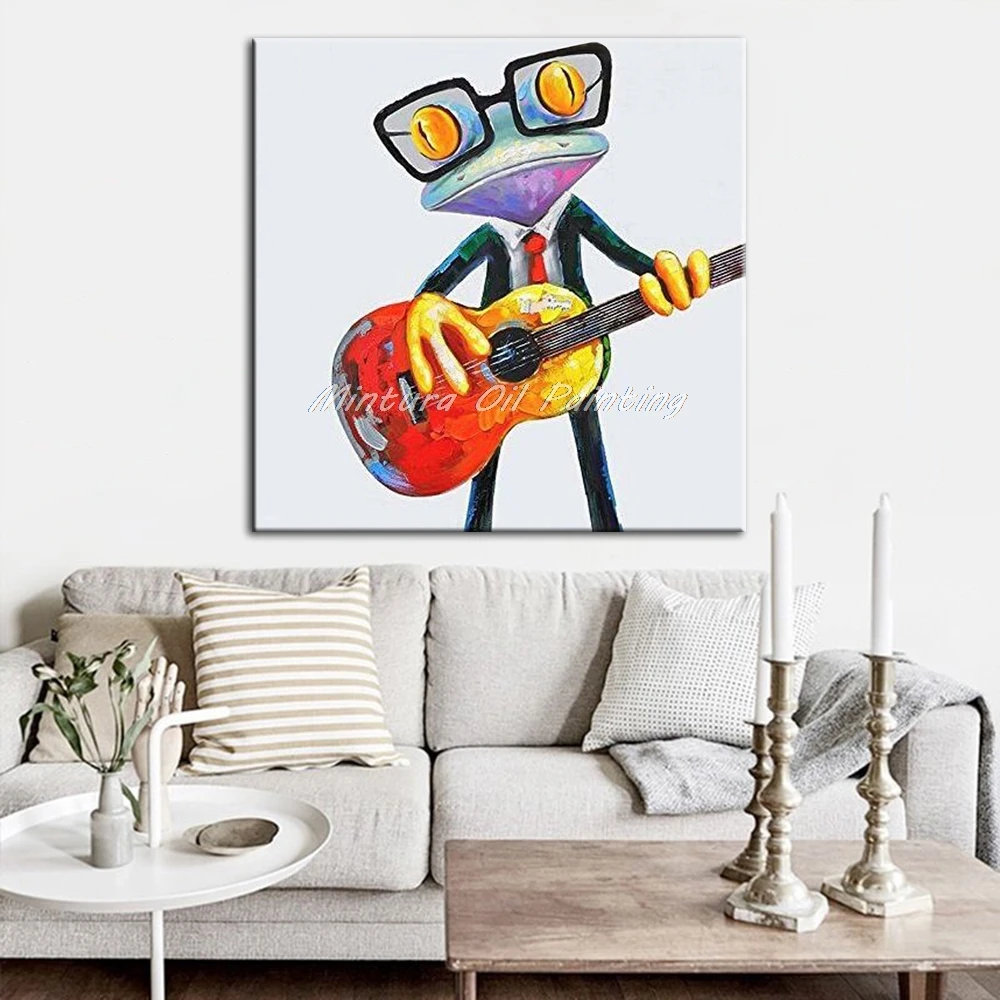 New! Large Hand Painted Modern Abstract Cartoon Animal Oil Painting On Canvas Music Frog Wall Art For Children's Room Home Decor