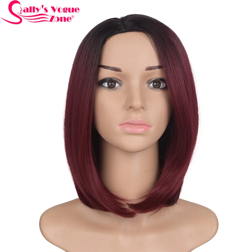 Sallyhair Высокая температура Синтетические прямые короткие Омбре черный цвет красного вина Американский Африканский Боб Парики волос для черных женщин