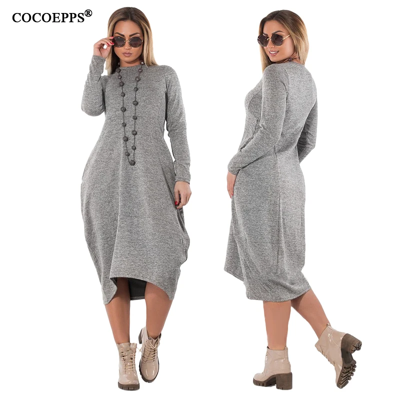 2019 large size winter midi dress O-neck loose casual 5XL 6XL Plus long sleeve women autumn elegant vestidos | Женская одежда