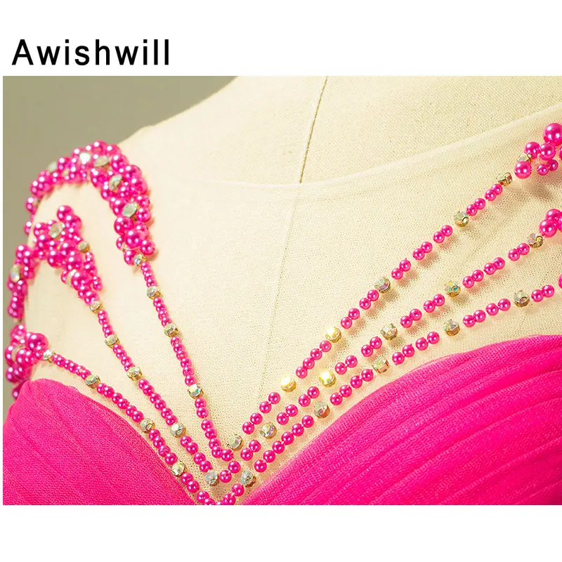Real Photo Hot Pink Long Prom Dress Short Sleeve Transparent Back Beaded Tulle With Bow Fashion Evening Gown Vestido de Fiesta | Свадьбы и
