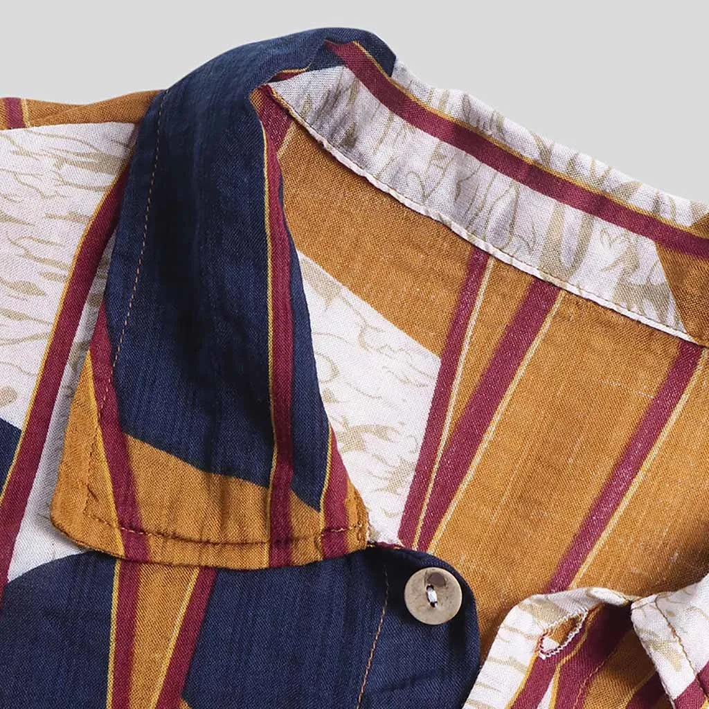 Linen Men shirt cotton Multi Lump Chest Pocket Short Sleeve pocket Round Hem Loose Shirts Blouse Stand Collar chemise homme 0509 | Мужская