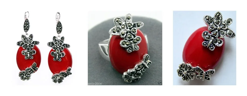 

Fashionable Red Carved Lacquer Marcasite 925 Sterling Silver Ring(#7-10) Earrings & Pandent jewelry sets