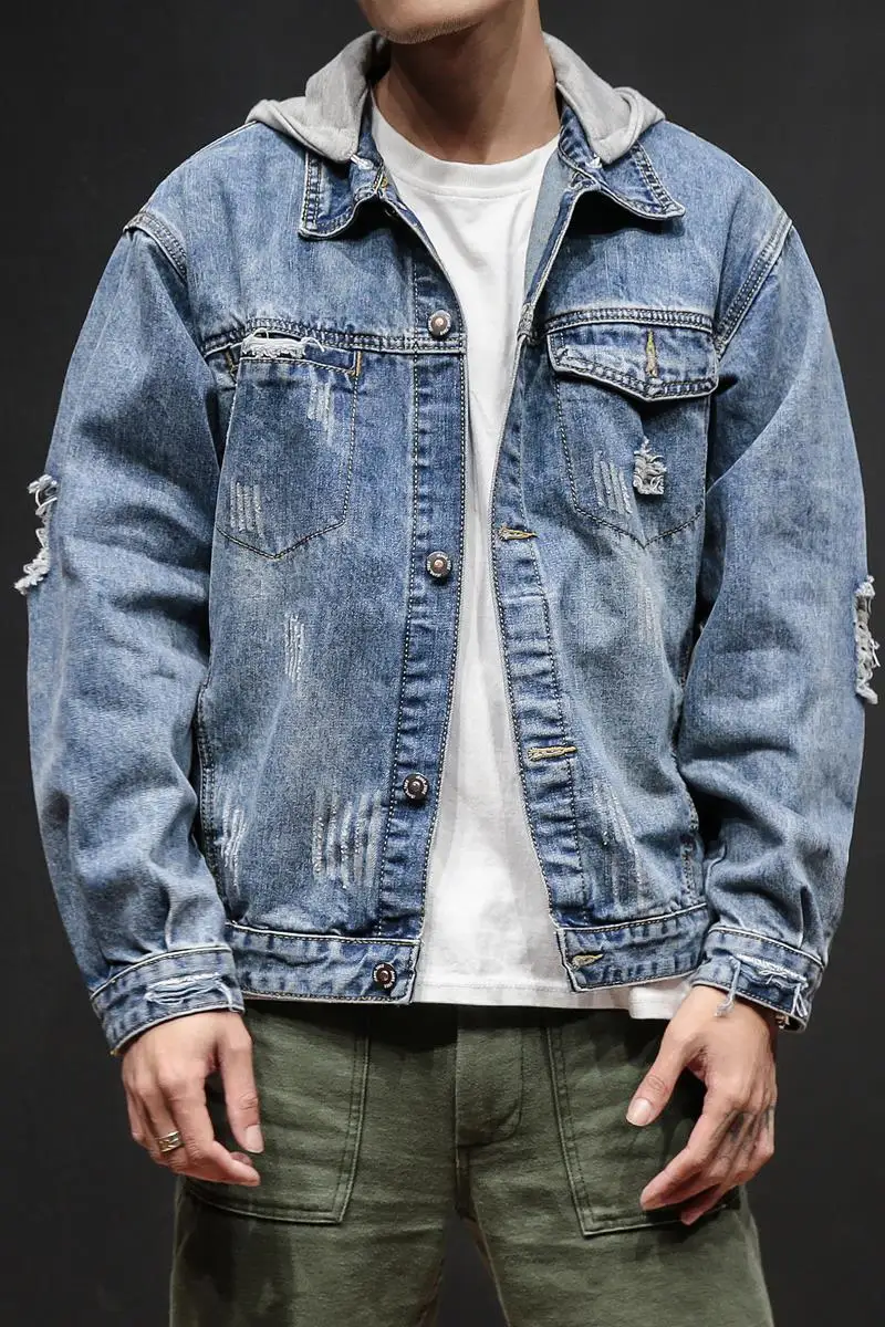

Men's autumn hooded denim jacket male Korean trend handsome Retro blue jean Coat clothing spring hole men casual jacket fashion