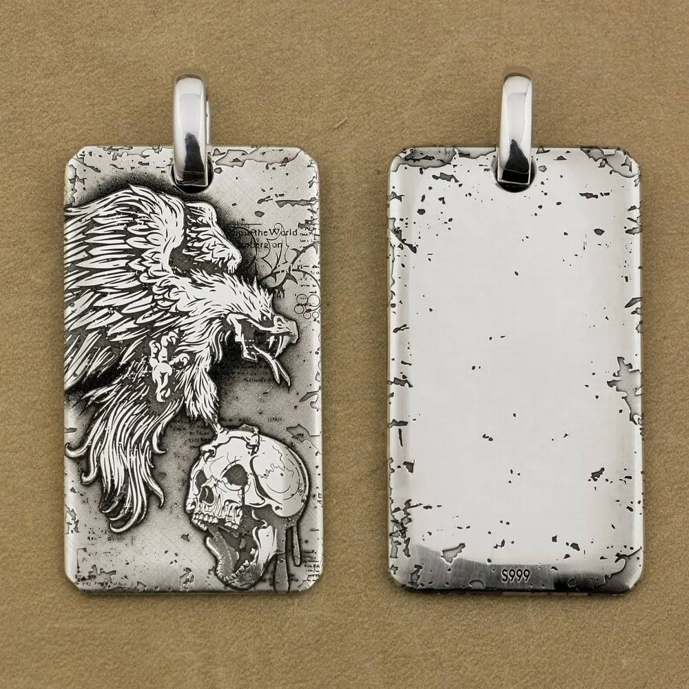 Linsion 999 серебро гриф череп dogtag мужские Байкер Панк подвеска 9x044