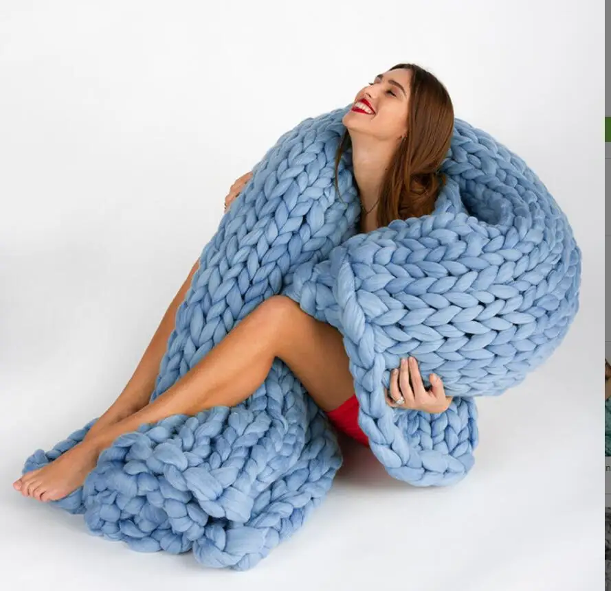 

fine joy Soft Thick New Winter Warm Blanket Hand-woven Big Size Bed Blankets Chunky Knitted Wool Sofa Cover Bedspreads