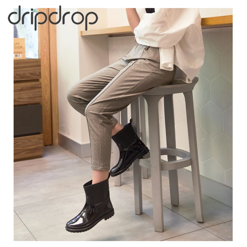 DRIPDROP Резиновые сапоги из ПВХ Водонепроницаемые Женские ботильоны Глянцевые