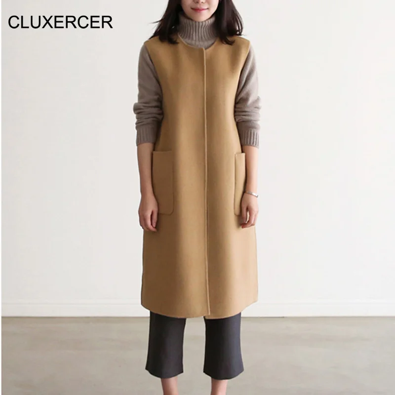 Размера плюс Сезон весна осень Длинный шерстяной жилет пальто с мехом женские