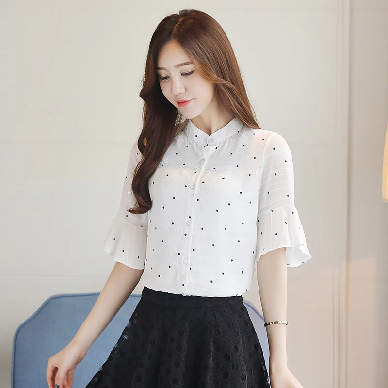 Новые 2018 летние Для женщин в горошек шифон блузки с расклешенными рукавами