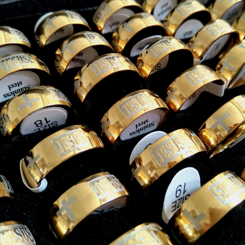 20pcs GOLD SILVER etched JESUS CROSS rings Engrave Men Women Stainless Steel Religious Faith Ring Xmas Gift church Accessories | Украшения