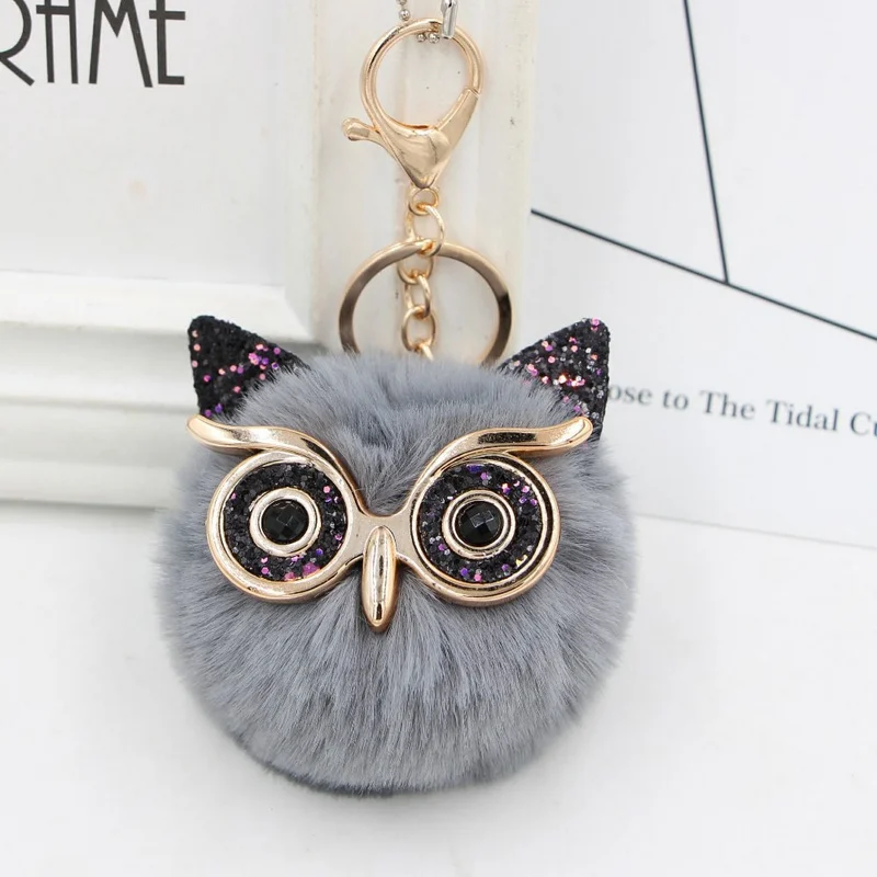 

Fluffy Rabbit Fur Pompom Owl Keychain Women Mini Bling Glitter Nighthawk Key Ring On Bag Car Trinket Wedding Party Girls Gift