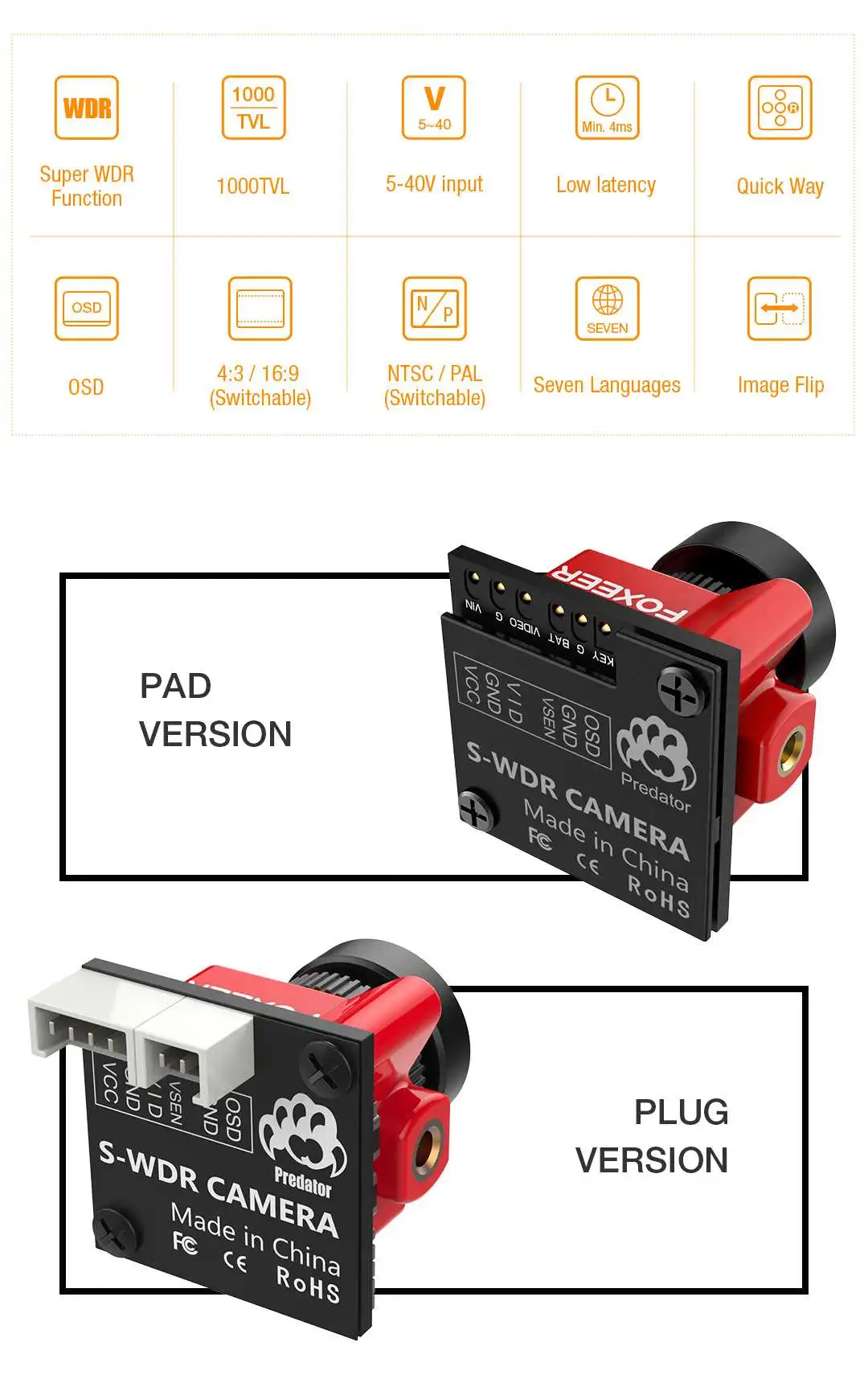 Foxeer Micro Predator 4 Super WDR 4ms латентность OSD 1000TVL FPV камера для моделей RC Мультикоптер запасные части DIY аксессуары