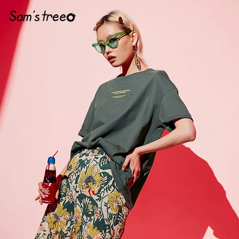Samstree отверстие женские футболки o-образным вырезом размера плюс офисные женские футболки с буквами короткий рукав свободные летние белые футболки Женский Топ
