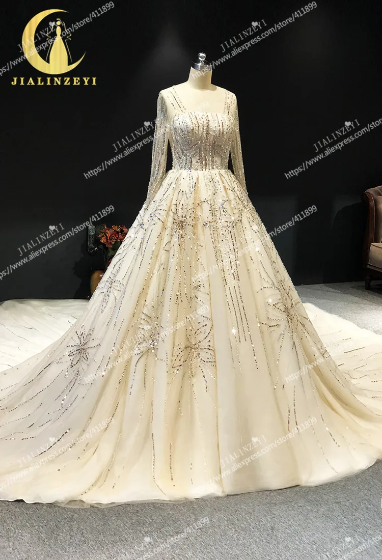 Роскошное Свадебное платье JIALINZEYI с длинным рукавом шлейфом и кристаллами