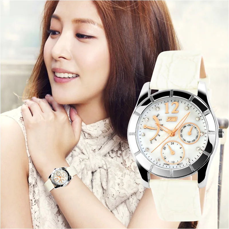 SKMEI Роскошные модные женские туфли часы кожа кварцевые наручные Reloj Mujer Montre Femme 50 м