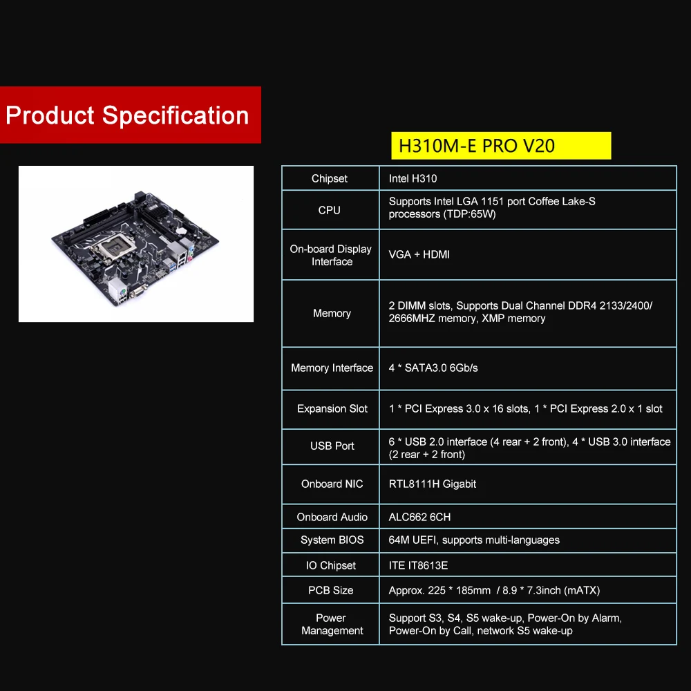 Красочные H310M-E PRO V20 материнская плата Системная плата Intel LGA 1151 порт coffee Lake-S DDR4 процессор SATA3.0 6 ГБ/сек