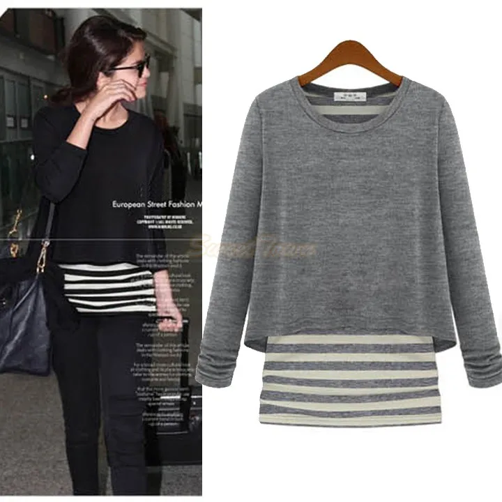 Celeb Style Long Sleeve Striped Cotton Tops False Two Piece T-Shirts Casual Tee 35 | Женская одежда