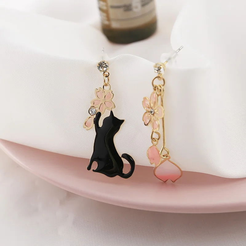 Женские Длинные сверкающие серьги с кулоном Sakura милые ассиметричные в виде кота