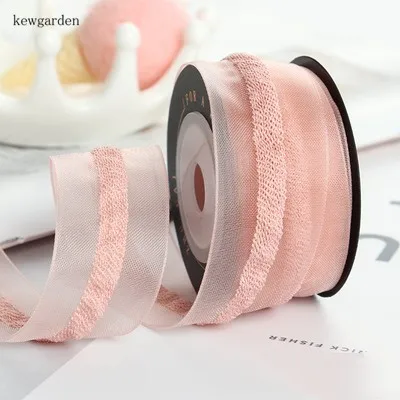 Розовый Kewgarden сэндвич Вуаль ленты DIY брошь бантик для волос кружева Марля атласная лента " 1,5" 5/" вручную изготовленная лента упаковка Riband 5Y - Цвет: Розовый