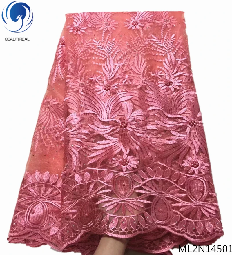 

BEAUTIFICAL gold african bridal lace fabric embroidered nigerian net lace fabrics with beads hot sale free shipping ML2N145