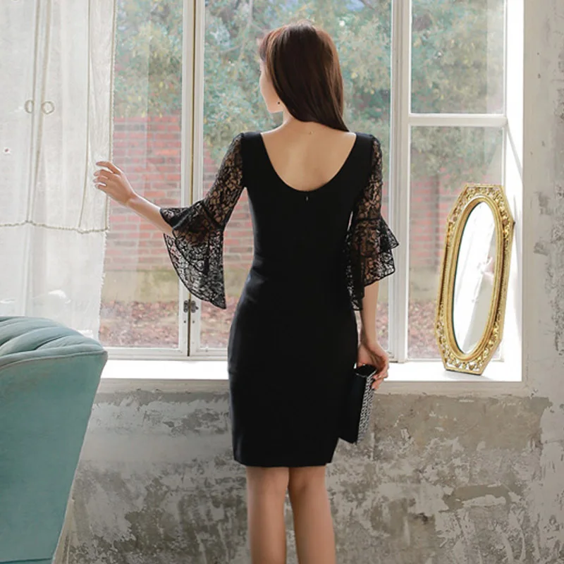 

Solid Women Pencil Dress 2020 Spring Black Three Quarter Flare Sleeve V-neck Lace Elegant Party Dress Work Lady Dresses Elbise