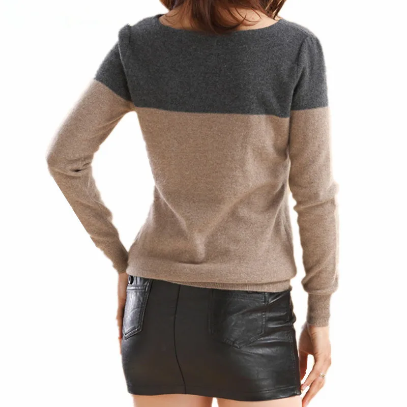 YSC Classic style ladies knitted cashmere wool sweaters Grey and camel stitching Long sleeve Keep warm Pullovers Size S-XXXL | Женская