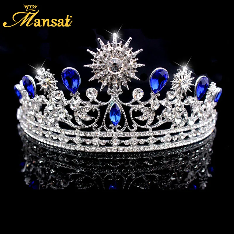 Роскошная Королевская Синяя Хрустальная корона Свадебная Стразы Тиара головной