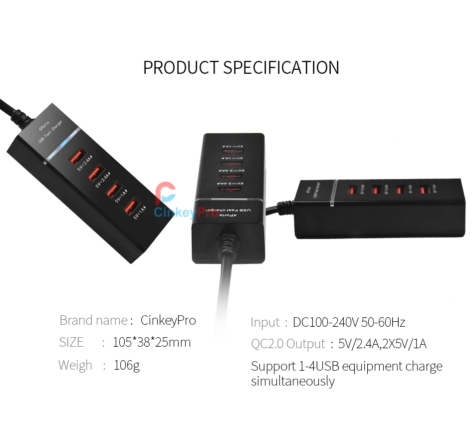 CinkeyPro 4 порта USB зарядное устройство с Светодиодный Светильник настольный адаптер мобильный телефон Быстрая зарядка для iPhone iPad samsung универсальный