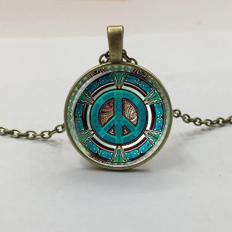 1Pcs Hippie Peace Sign Glass Dome Pendant Necklace DIY Handmade Fashion Jewelry Vintage Charm Trendy Gift for Men Women gift | Украшения и