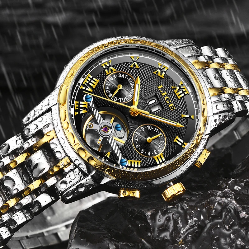 Мужские автоматические механические часы LIGE спортивные полностью стальные