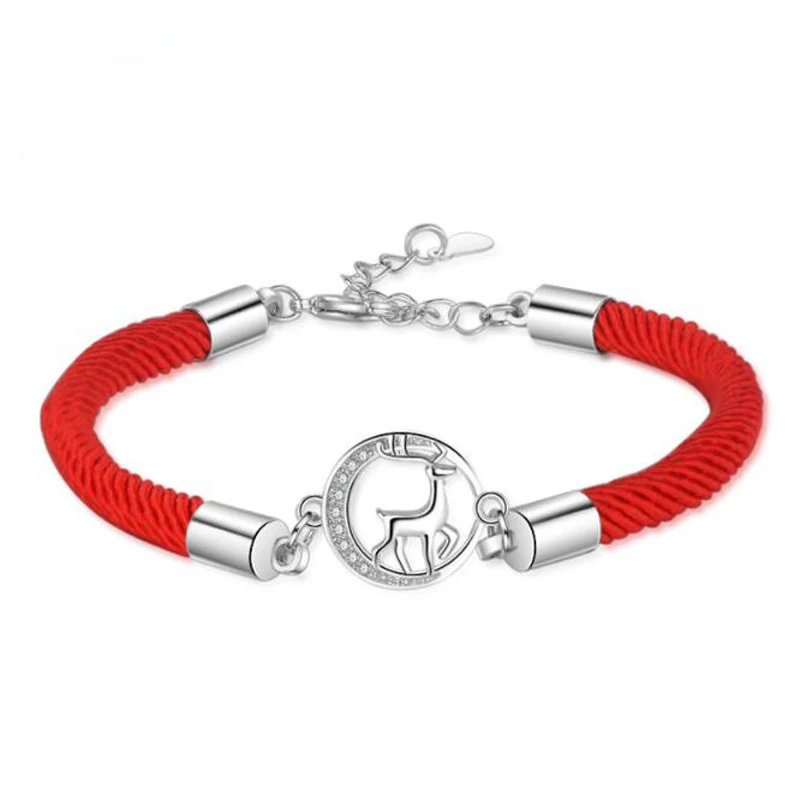 

KOFSAC New Fashion Pure Silve 925 Bangle Bracelets For Women Shiny CZ Charming Elk Red Rope Bracelet Fine Jewelry Christmas Gift