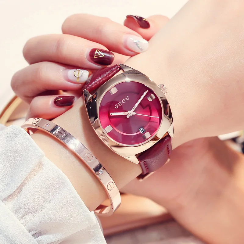 Женские наручные часы с объемным циферблатом повседневные из натуральной кожи