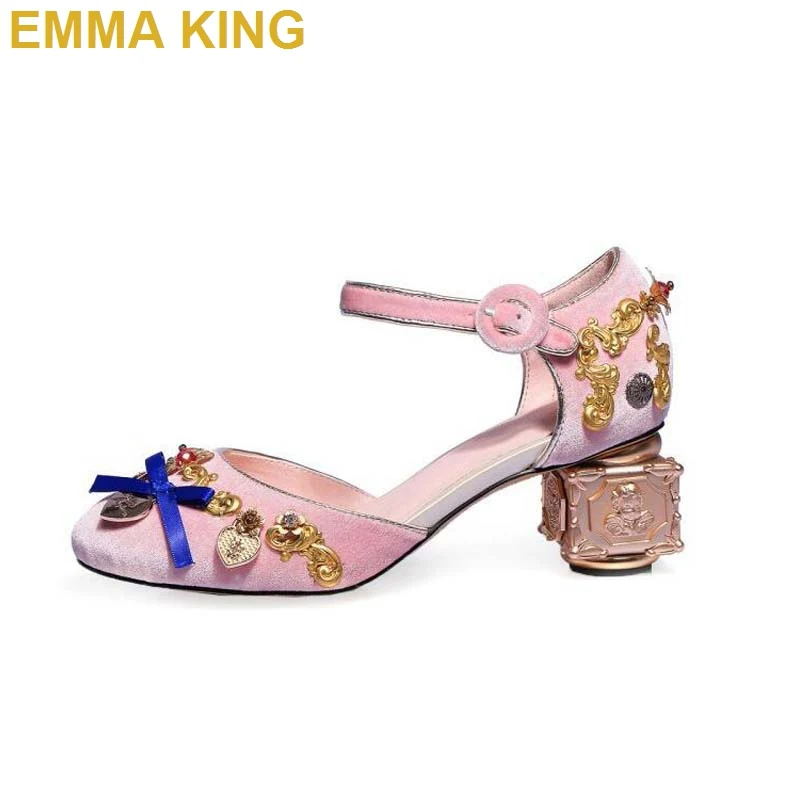 

New Women Genuine Leather Elegant Velvet Buckle Strap Women Sandals Round Toe Floral High Heels Wedding Shoes ladies shoes