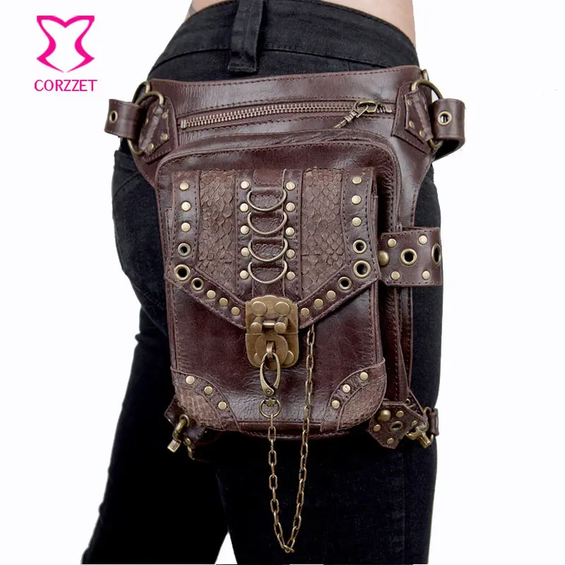 Corzzet Brown Leather Unisex Steampunk Retro Gothic  Hip and Holster Waist Bag Thigh Wallet Crossbody Bag Corset  Accessories