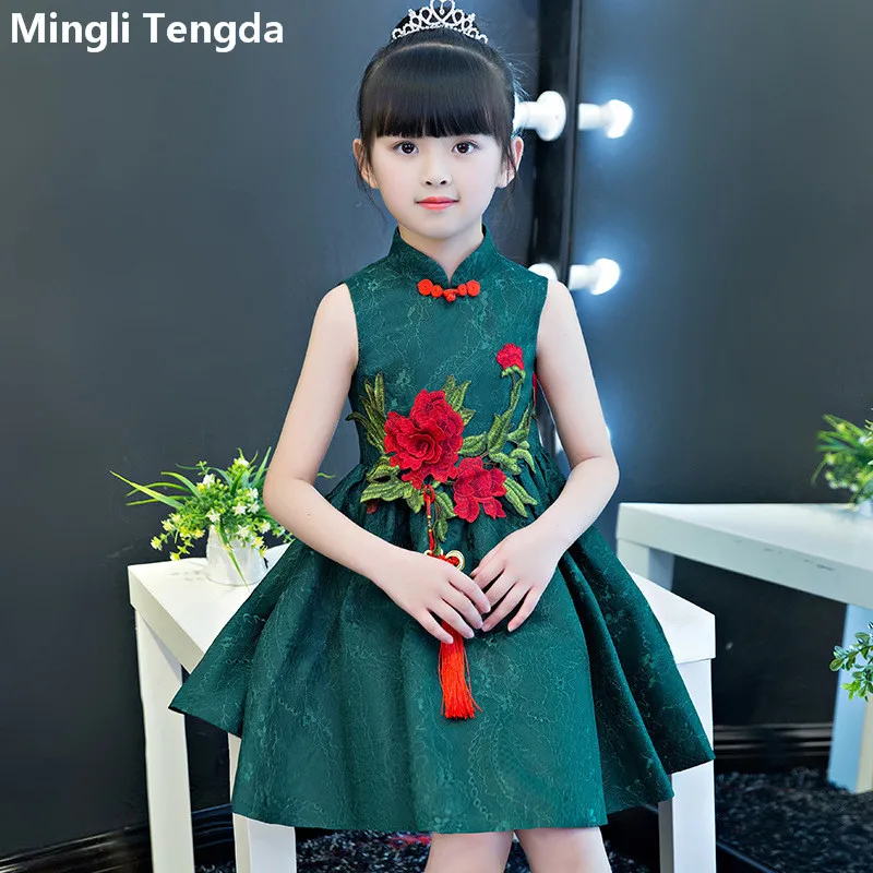 Зеленые кружевные платья с цветочным узором для девочек элегантное платье