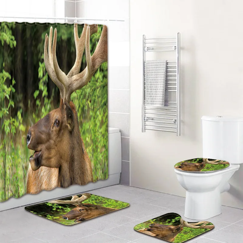

Animal Forest Deer Elk 4 Pcs Waterproof Shower Curtain Bath Mat Toilet Pad Set Pattern Toilet Pattern Carpet Bath Mat