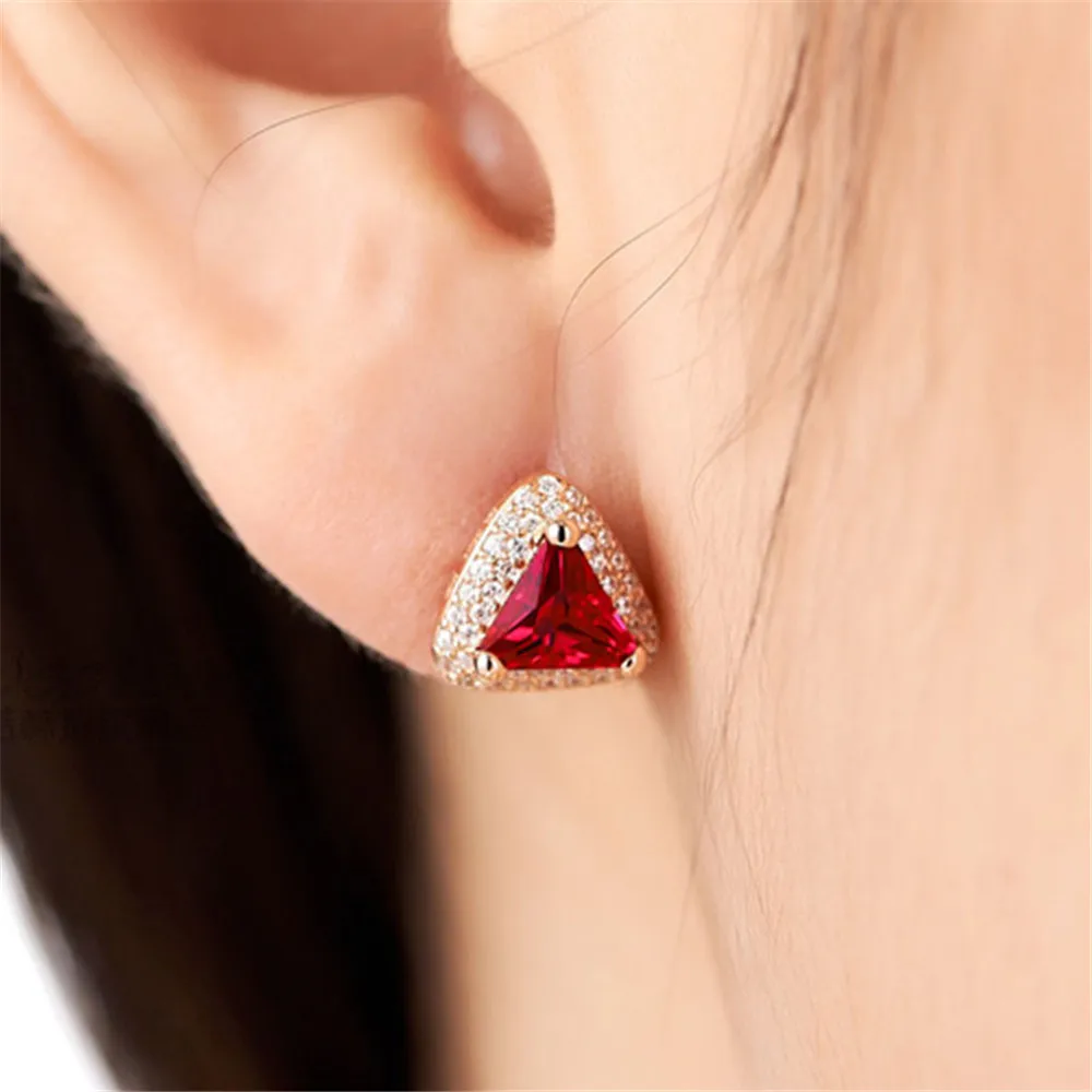 Shipei Sterling Silver Ruby Triangle Jewelry Set Rose Gold Stud Earrings Pendant Necklace Ring For Women Fine Jewelry