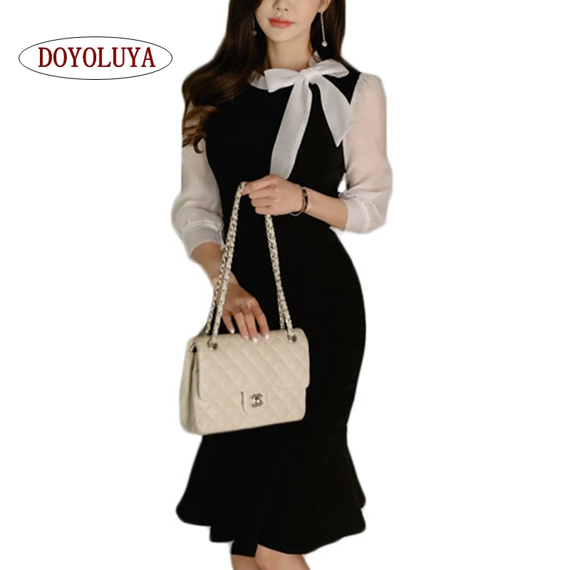 [DOYOLUYA] Женщина черное офисное платье 2019 новый белый галстук бабочка See Through сетки