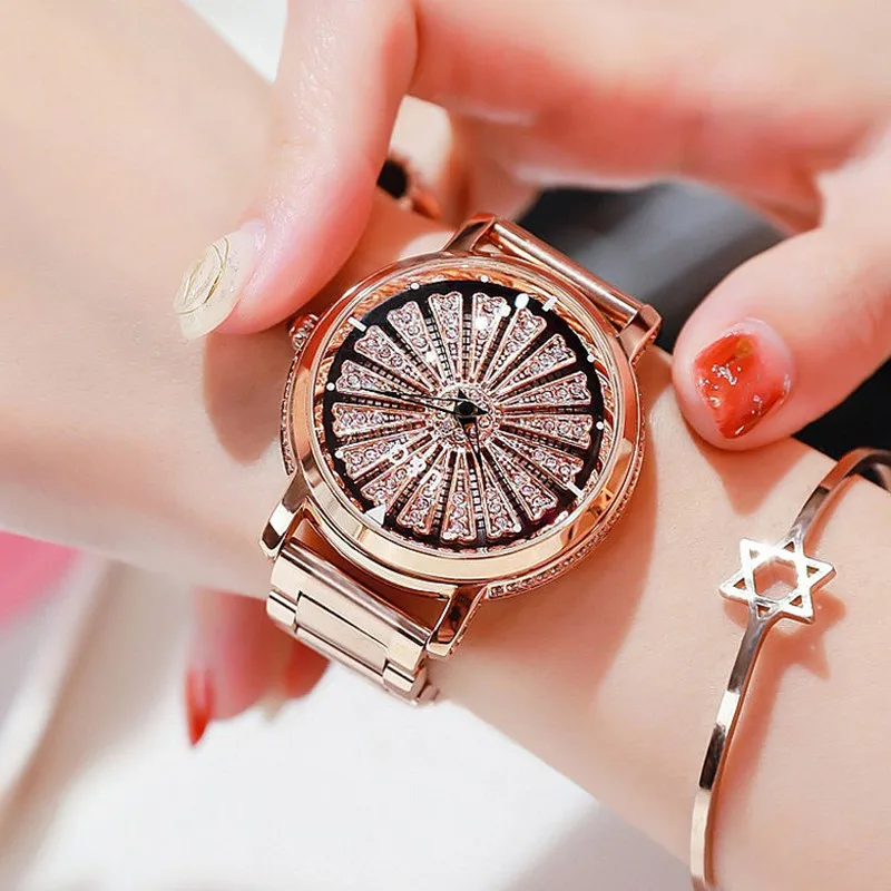 Super Beauty Rotation Women Watches Lady Top Luxury Rhinestone Casual Quartz Watch Woman Stainless Steel WristWatch reloj mujer