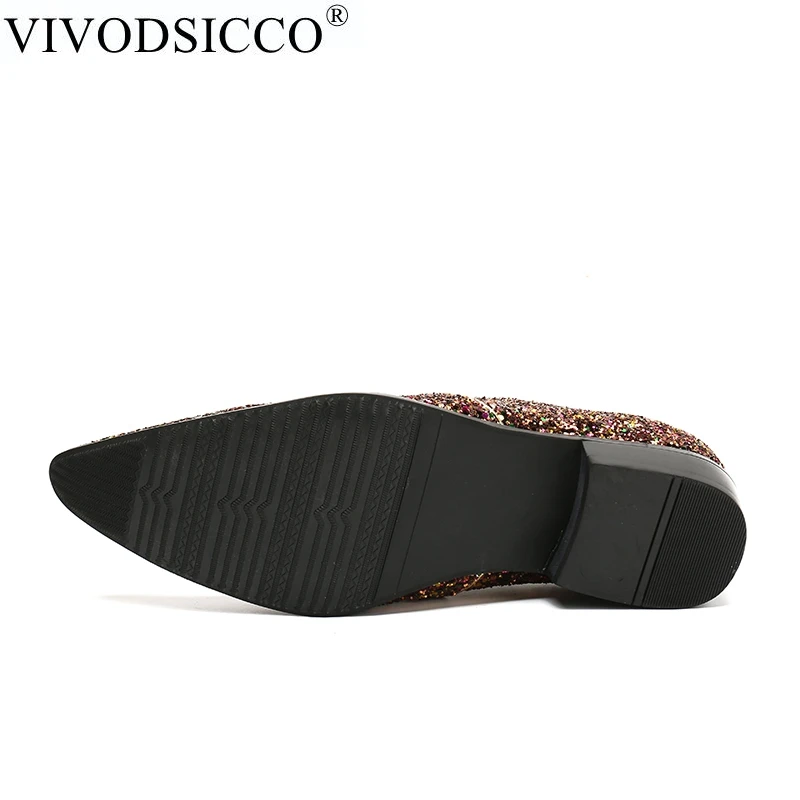 VIVODSICCO класса люкс Для мужчин вечерние свадебные Лоферы ручной работы; блестящие Мужские модельные туфли со стразами тапочки под смокинг Мужская обувь на плоской подошве туфли с блестками