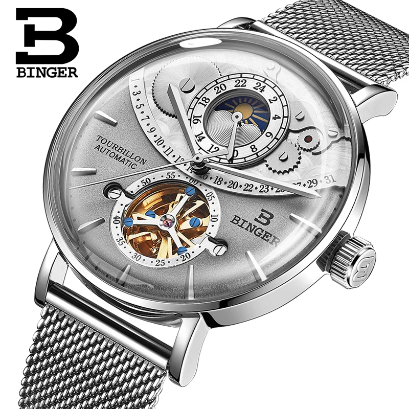 Switzerland BINGER Tourbillon Automatic Mechanical Men's Watches Luxury Brand Sapphire Moon Phase 50M Waterproof Clock B10002G