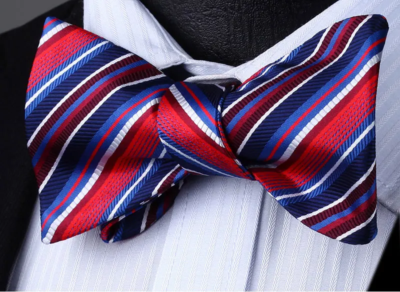 Men Woven Party Wedding Red Blue White Striped Self Bow Tie Pocket Square Set#BS610RS Bow Tie handkerchief set