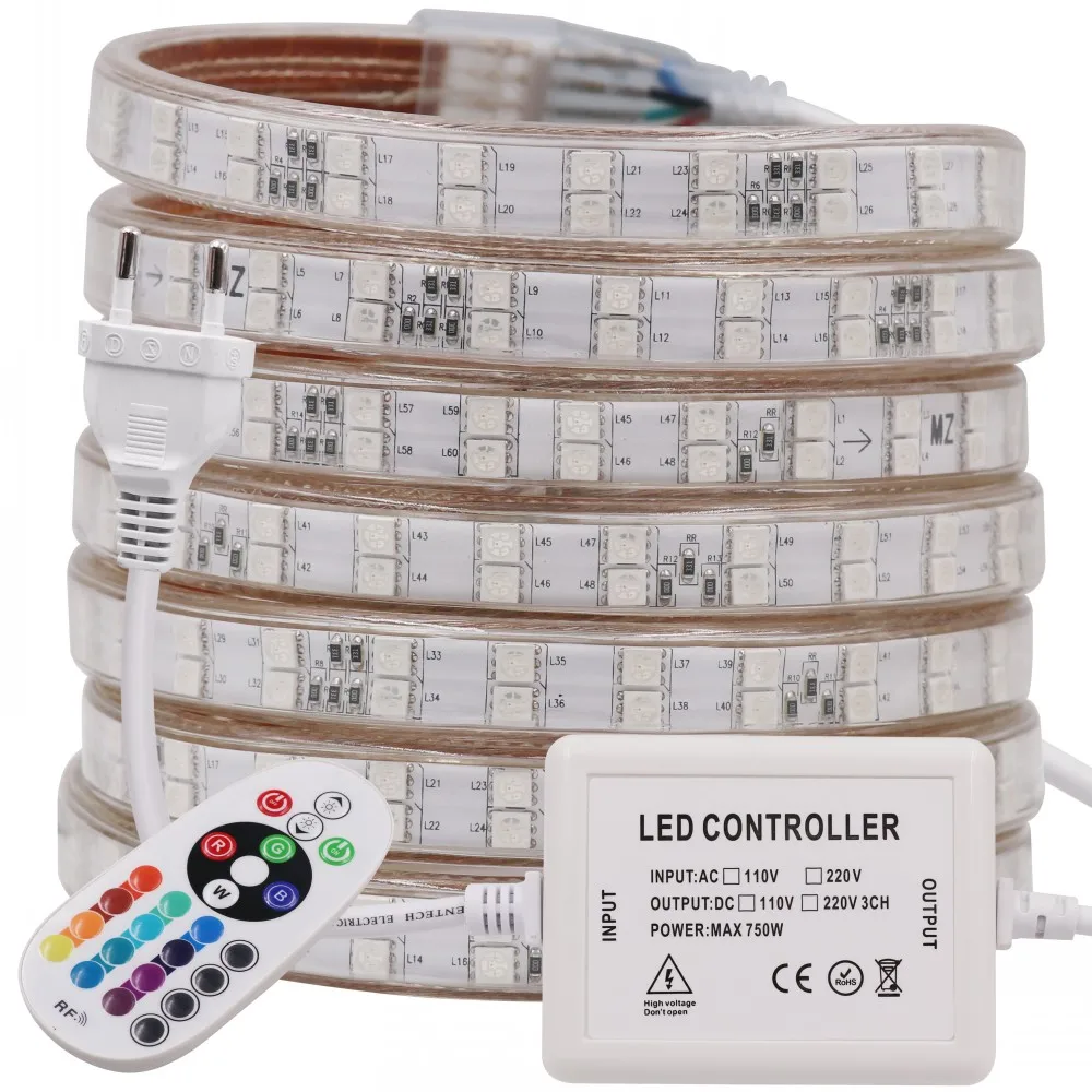 Светодиодная лента 220 В 240 в SMD 5050 водонепроницаемая гибкая RGB светодиодная