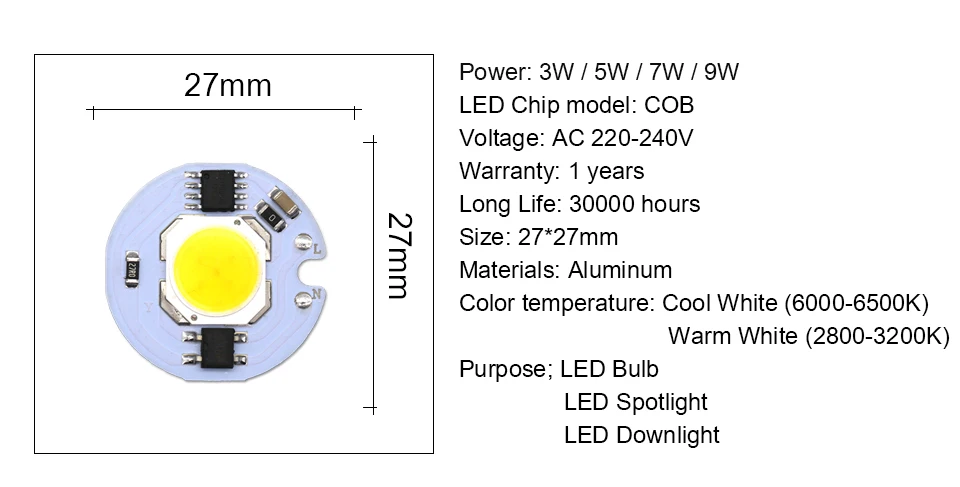 5 шт. лампада светодиодный COB Чип 220 В 9 Вт 7 Вт 5 Вт 3 Вт Smart IC для DIY светодиодный светильник лампа вниз светильник Точечный светильник не нужен источник питания